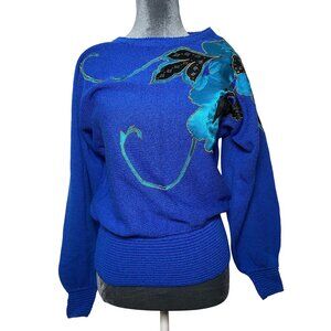 Vintage Blue Floral Sweater By UMI Collections Anne Crimins Sz Medium